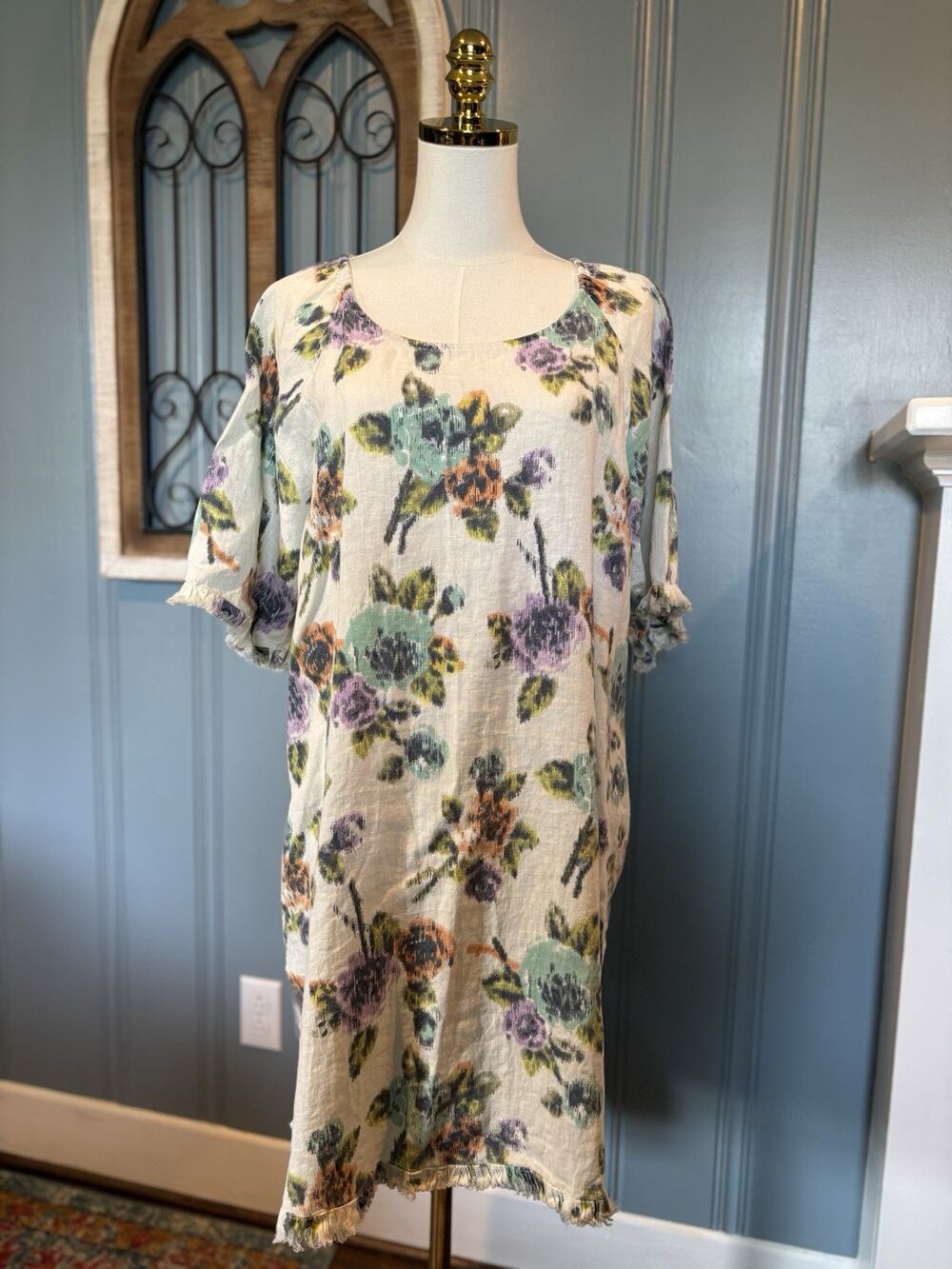 Color Me Boho Cottage-core Cotton Floral Linen Shift Midi Dress Fringe Hem XL